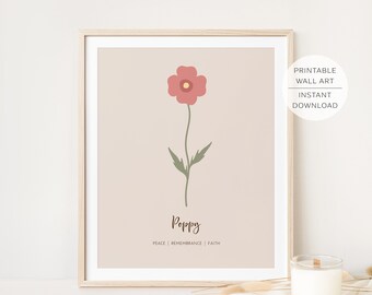 Amapola (flor de nacimiento de agosto) imprimible, arte minimalista / Descarga instantánea
