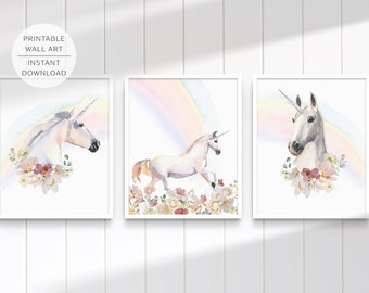 Rainbow Unicorn Girls Room Printable Wall Art: Set of 3 (Instant Download)