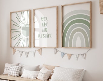 BOHO You Are My Sunshine Printable Wall Art, Nursery Art, Set of 3, Sun Rainbow, Neutral Nursery Decor, Playroom BHSS3, INSTANT DOWNLOAD