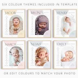 May include: Six printable baby announcement posters with different color themes. Each poster features a baby's photo, name, and birth details. The posters are designed with a modern, minimalist style and include a variety of colors, including pink, blue, yellow, and gray.