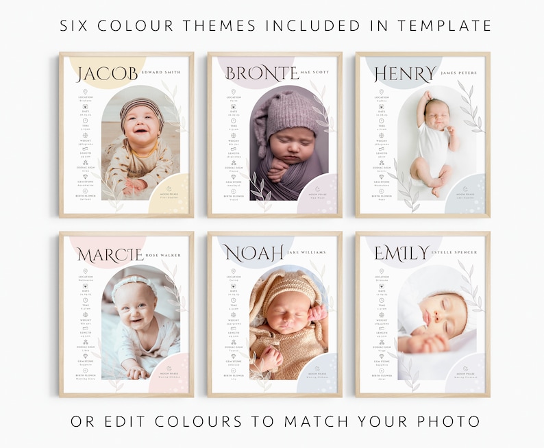 May include: Six printable baby announcement posters with different color themes. Each poster features a baby's photo, name, and birth details. The posters are designed with a modern, minimalist style and include a variety of colors, including pink, blue, yellow, and gray.