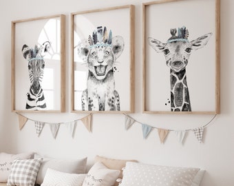 Black and White Blue Feathers SAFARI Animals Printable Wall Art Set of 3, Safari Animal Faces, Kids Room Art | INSTANT DOWNLOAD