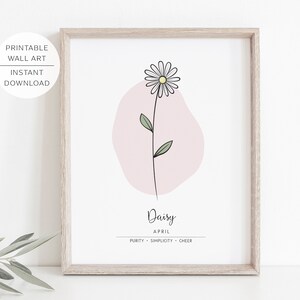 DAISY April Birth Month Flower Printable Wall Art, Modern, Minimalist, Daisy Flower meaning | INSTANT DOWNLOAD