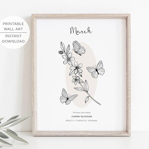 March Birth Flower CHERRY BLOSSOM Printable Wall Art | Cherry Blossom Flower meaning | Modern Minimalist Line Art | Instant Download