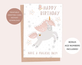 PRINTABLE Happy Birthday Card, Unicorn Birthday Card, Girls Birthday Card, Birthday Card for Girl, INSTANT DOWNLOAD
