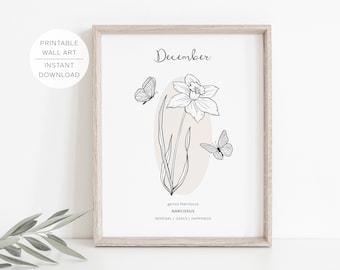 December Birth Flower NARCISSUS Printable Wall Art | Narcissus Flower meaning | Modern Minimalist Line Art | Instant Download