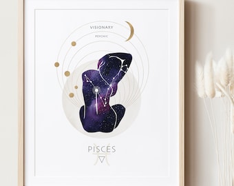 Pisces Goddess Art Printable, Zodiac Star Sign, Astrology Wall Art | Instant Download