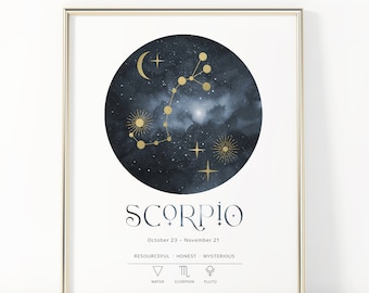 Puede incluir: Impresión artística enmarcada con el signo zodiacal de Escorpio. La obra de arte muestra una constelación dorada sobre un fondo de acuarela azul oscuro con la palabra "SCORPIO" y rasgos relacionados. El marco es dorado.