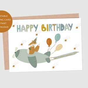 Printable Happy Birthday Karte, Fuchs Flugzeug, Flugzeug Flugzeug, Junge Geburtstagskarte, SOFORT DOWNLOAD