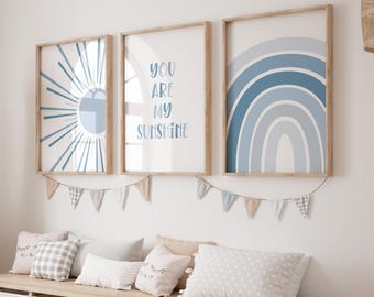 BOHO You Are My Sunshine Printable Wall Art, Nursery Art, Set of 3, Sun Rainbow Print, Blue Nursery Decor, Playroom BHSS3 INSTANT DOWNLOAD