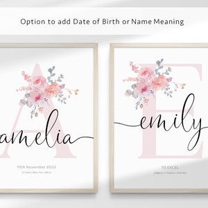 Soft Blush Floral Rainbow Personalised Letter Name Printable Girls Wall Art SET of THREE Birth Print Name Meaning Digital Download image 3