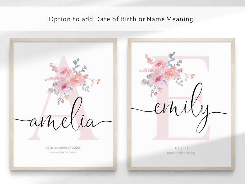 Soft Blush Floral Rainbow Personalised Letter Name Printable Girls Wall Art SET of THREE Birth Print Name Meaning Digital Download image 3