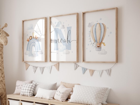 Personalised Safari Nursery Printable Wall Art, Set of 3, Safari Animal Nursery Art, Blue Rainbow Nursery, Hot Air Balloon, DIGITAL DOWNLOAD