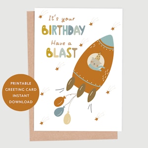 Biglietto di auguri di buon compleanno STAMPABILE, orso razzo, biglietto di compleanno razzo spaziale, biglietto di compleanno per ragazzo, DOWNLOAD IMMEDIATO