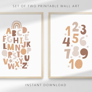 BOHO Alphabet and Numbers Printable Wall Art, Nursery Art, Set of 2, Boho Rainbow, Neutral Nursery Decor, Playroom Prints, INSTANT DOWNLOAD