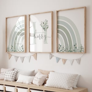 Juego de 3 impresiones de hojas de eucalipto suaves con nombre personalizado y letras para niños, arte de pared imprimible, impresión de nacimiento, significado del nombre, SEL23, descarga digital