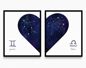 COUPLES Star Sign Constellations | Personalised ZODIAC Printable Wall Art | Astrology Horoscope Anniversary Gift | Digital Download