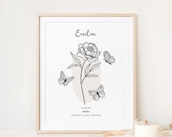 Personalised Birth Month Flower Printable Wall Art | Birth Flower Name Print, Baptism Gif, Birthday Gift, Birth Print | Digital Download
