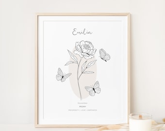 Personalised Birth Month Flower Printable Wall Art | Birth Flower Name Print, Baptism Gif, Birthday Gift, Birth Print | Digital Download