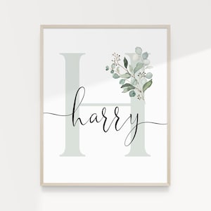 Hoja de eucalipto suave Letra personalizada NOMBRE Arte de pared imprimible Decoración de habitación infantil, Póster de nacimiento, Impresión de significado de nombre SEL23 / Descarga digital