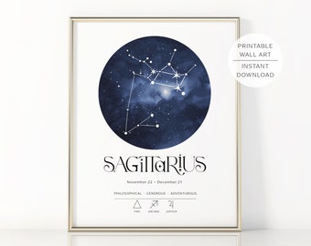 SAGITTARIUS Printable Wall Art, Zodiac Star Sign Poster, Astrology Constellation Digital Art, Instant Download