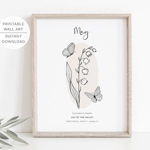 May Birth Flower LILY of the Valley Printable Wall Art | Lily Flower meaning | Modern Minimalist Line Art | Instant Download