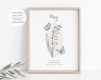 May Birth Flower LILY of the Valley Printable Wall Art | Lily Flower meaning | Modern Minimalist Line Art | Instant Download