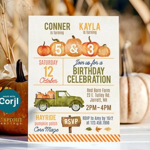 Invitación de cumpleaños de otoño editable para dos hermanos con temática de calabazas: plantilla de invitación para fiesta doble de granja, edición en línea con Corjl, descarga digital