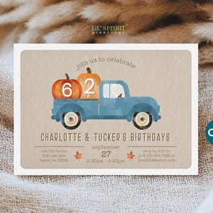 Modèle d'invitation double anniversaire automne rustique avec camion bleu, invitation à une fête modifiable pour 2 enfants, autoédition en ligne avec Corjl, fichier numérique