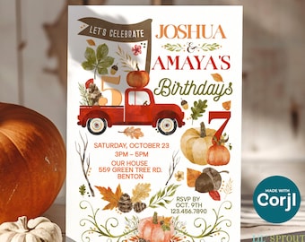 Rustic Fall Double Birthday Invitation - Farm Party Invite for 2 Kids or Siblings - 5x7" Printed Cards or Instant Download Digital File
