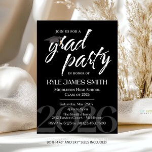 2026 graduation party invite template in a vertical format with a black background, white text in various fonts and a grad cap detail.