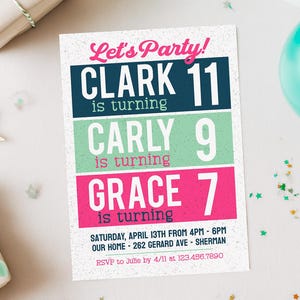 Birthday invitation template for 3 kids in a vertical format with a white background, three horizontal color boxes - one for each child with their name and age in navy blue, mint green and pink.