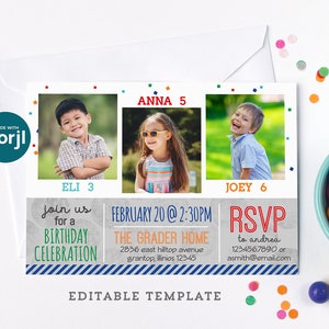 Modelo editável de convite de aniversário para três crianças, convite para festa tripla 5x7 para editar online com Corjl, baixar e imprimir ou enviar e-vite