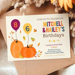 Editable Pumpkin Patch Double Birthday Invitation- Sibling Fall Party Invite Template for Corjl, Edit Online, Download & Print, Send Digital
