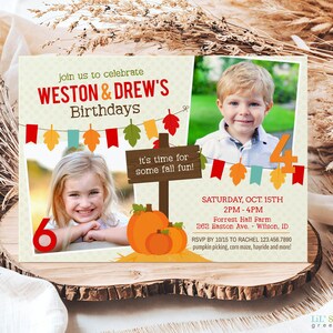 Modèle d'Invitation d'anniversaire automne coloré pour deux enfants - invitation commune de citrouille avec photos, édition en ligne avec corjl, fichier numérique à télécharger