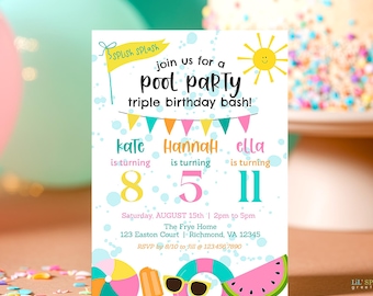 Peut inclure: Une carte d'invitation rectangulaire pour une fête à la piscine avec un soleil jaune, une banderole et des graphismes estivaux colorés comme un ballon de plage, une glace, des lunettes de soleil et une tranche de pastèque. Texte inclus.