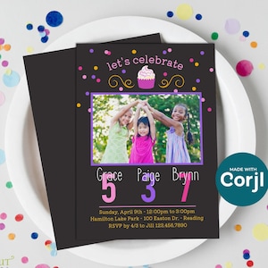 Plantilla de invitación de cumpleaños triple para 2 o 3 niñas, invitación doble para hermanas con foto, edición en línea con Corjl, descarga digital
