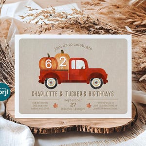 Faire-part d'anniversaire double bricolage automne camion pour 2 enfants, invitation de fête rustique modifiable pour frères et sœurs, modifier le modèle en ligne avec Corjl, fichier numérique