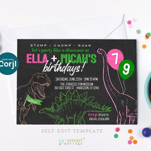 Invitación de cumpleaños editable para dos hermanos de dinosaurios. Plantilla de invitación para fiesta conjunta de dinosaurios para niño y niña con T-Rex. Editar en línea. Descargar archivo digital.