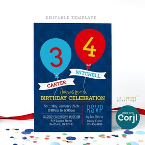 Convite de aniversário duplo com balões editáveis para dois meninos, modelo de convite conjunto para irmãos, edite online, baixe e imprima, envie digitalmente