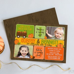Invitation d'anniversaire Double citrouille amusantes d'automne - Invitation d'anniversaire commune garçon fille pour ferme de citrouilles - Imprimez le vôtre - fichier numérique - rapide