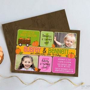 Invitation d'anniversaire Double citrouille amusantes d'automne - Invitation d'anniversaire commune garçon fille pour ferme de citrouilles - Imprimez le vôtre - fichier numérique - rapide