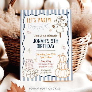 May include: A rectangular birthday invitation card featuring a blue and white striped border with a wavy navy frame. The text reads LET'S PARTY! JOIN US TO CELEBRATE JONAH'S 9TH BIRTHDAY, with event details, a scarecrow, a basket of apples, and pumpkins.