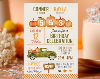 Pumpkin Patch Sibling Fall Birthday Invite - Farm Party Invitation for 2 Kids - Edit Online, Instantly Download 5x7 Digital File