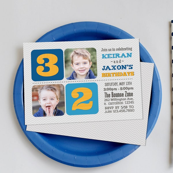 Twin Brother Birthday Invitation, Double Party Invite for Two Boys with Photos, Printable Digital File to Print Your Own or Send E-vite