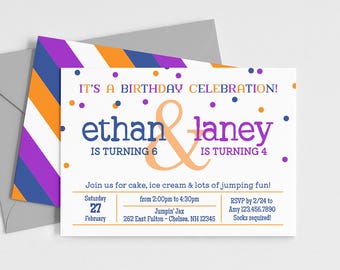Invitación para fiesta de cumpleaños de hermanos: Castillo inflable y trampolín (archivo digital DIY, plantilla editable de 13x18 cm)