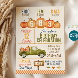 Editable Pumpkin Patch Triple Birthday Invitation, Rustic Fall or Farm 3 Child Invite Template DIY, Digital Download to Print or Send E-vite