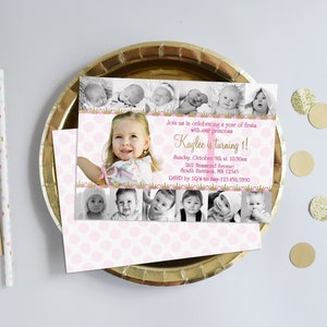 Collage pour le 1er anniversaire des filles roses et or - 12 photos d'invitation d'anniversaire - Invitation première année à imprimer - Imprimez votre propre DIY - PDF JPG numérique