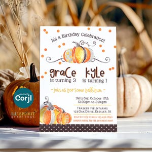 編集可能な兄弟パンプキンバースデー招待状 - 1人または2人の子供向けの秋の招待状テンプレート、Corjlでオンライン編集、ダウンロード＆印刷、または電子招待状を送信
