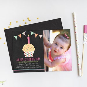 Invitation d'anniversaire cupcake fille avec photo, faire-part de fête imprimable avec photo, fichier numérique à imprimer vos propres cartes ou envoyer comme invitation électronique